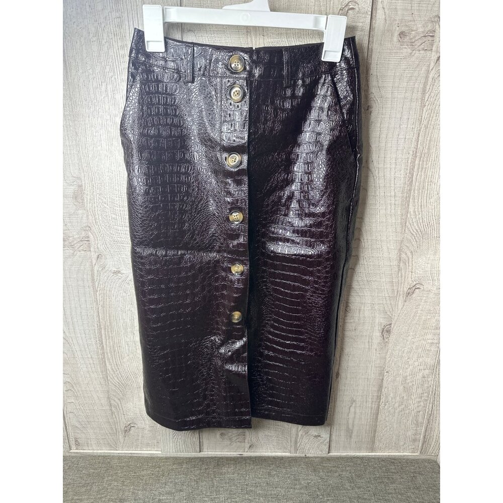 Rachel Comey Womens Size 0 Faux Leather Brown Midi Skirt Pockets & Button Front